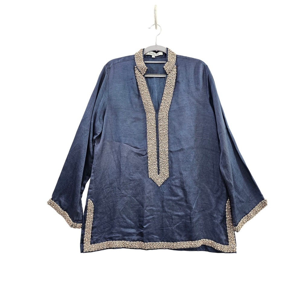 Bella Tu Tunic Women L Blue Solid Beaded Pearl Trim Linen Blend V-Neck Boho Top